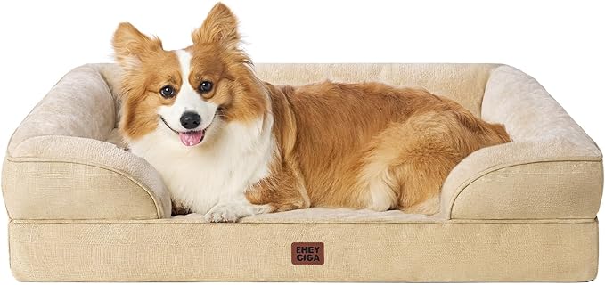 EHEYCIGA Orthopedic Dog Beds for Large Dogs, Waterproof Memory Foam Large Dog Bed with Sides, Non-Slip Bottom and Egg-Crate Foam Pet Couch Bed with Washable Removable Cover, Greige-Mewly Pet