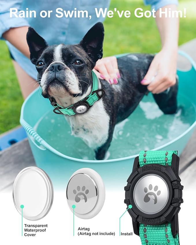 TagME Airtag Dog Collar,Waterproof Reflective Pet Collar with Airtag Holder,Soft Padded and Double D-Rings for Puppy,Turquoise-Mewly Pet