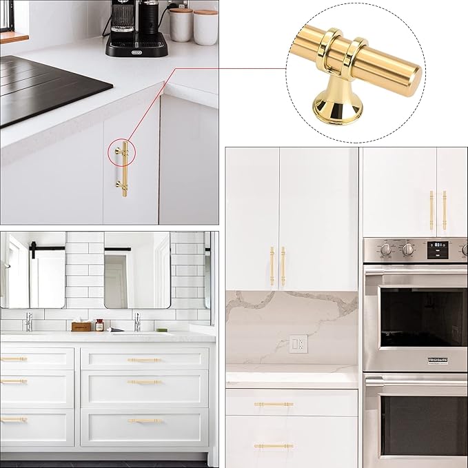 LONTAN 20 Pack Brushed Brass Cabinet Knobs Gold Dresser Knobs - LS6852GD T Bar Square Gold Cabinet Pull Single Hole Kitchen Cupboard