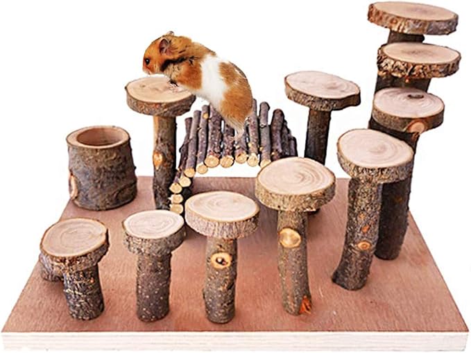 Wooden Chinchilla Platform Toy - Activity Playground Stand Ladder Hideout Set Bridge Ramps Chew Toys for Mouse, Dwarf Hamster, Gerbil, Rat, Sugar Glider, Syrian Hamster, Small Animals-Mewly Pet