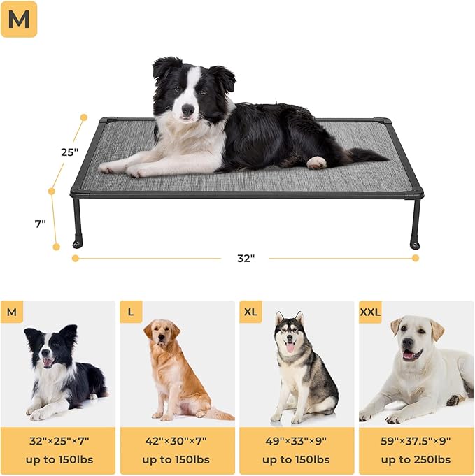Veehoo Chewproof Elevated Dog Bed - Cooling Raised Pet Cot, Breathable Mesh, Washable & Non-Slip for Medium Dogs, Indoor/Outdoor, Black Silver Mat and Black Frame, 32x25inches (Model CWC2203A03)-Mewly Pet