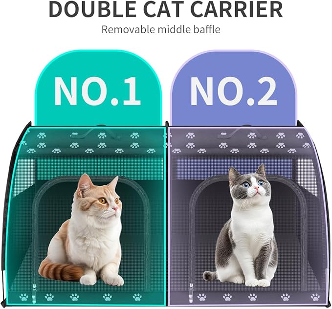 Double Cat Car Travel Carrier, Twin Compartment Show House Cat Cage/Condo，Portable Pet Crate for 2 Cats Travel Double Dog Crate Set for Long Distance Travel-Mewly Pet