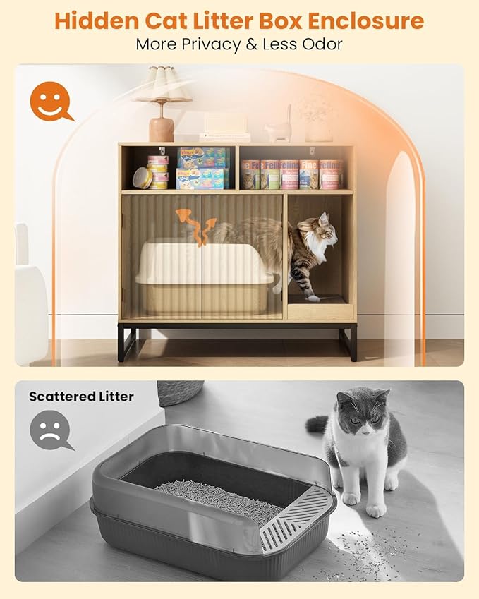 Cat Litter Box Enclosure, Large Hidden Pet Storage Cabinet Furniture with Waveform Fluted Doors & Scratching Pad, Modern Wooden Cat House Indoor for Washroom, Living Room, Bedroom, Natural-Mewly Pet