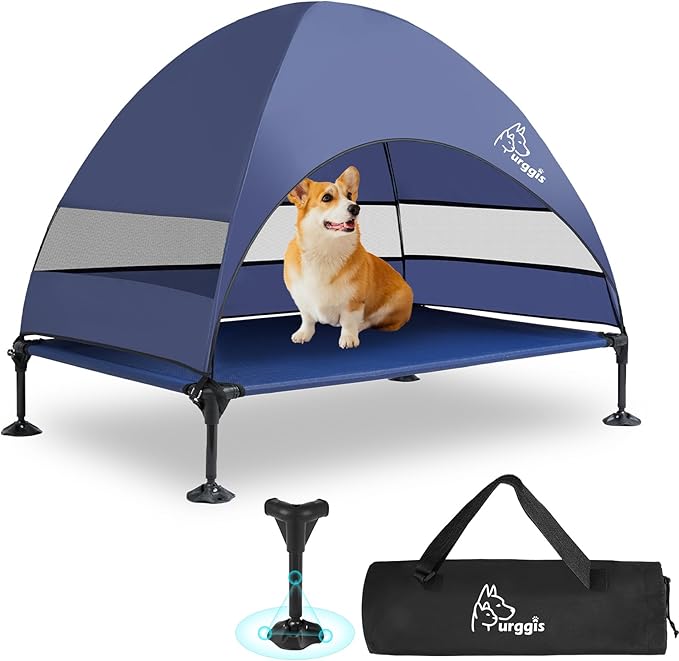 Upgraded Elevated Dog Bed with Canopy, Portable Raised Outdoor Dog Bed with Stable Anti-Slip Feet, Wider Shade Pet Bed Cot, Raised Dog Beds for Large Dogs Camping, Indoor & Outdoor Use-Mewly Pet