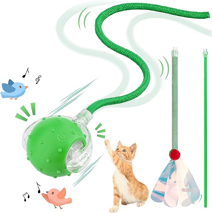 Interactive Cat Toys Ball for Indoor Cats, Automatic Agile Rolling Cat Ball with Elastic Mesh Tail, Bird Chirping & Motion Activated, 2 Tail Accessories, Kitten Toy for Bored (Green)-Mewly Pet