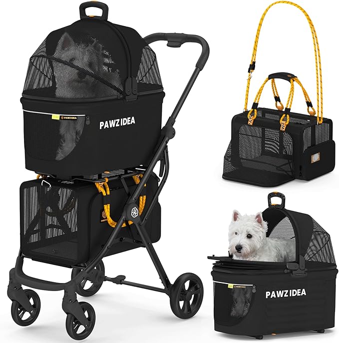 PAWZIDEA Double Pet Stroller with 2 Detachable Carriers, Portable Dog Crate for Car Travel & TSA-Approved Expandable Cat Carrier, Foldable Lightweight Jogger Stroller for 2–4 Cats or Small/Medium Dogs-Mewly Pet