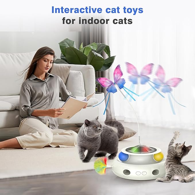 Automatic Interactive Cat Toys for Indoor Cats & Bored Adults - Kitten Toys with Fluttering Butterfly, Ambush Feather & Track Balls - Exercise & Stimulation for Playful Cats (Beige)-Mewly Pet