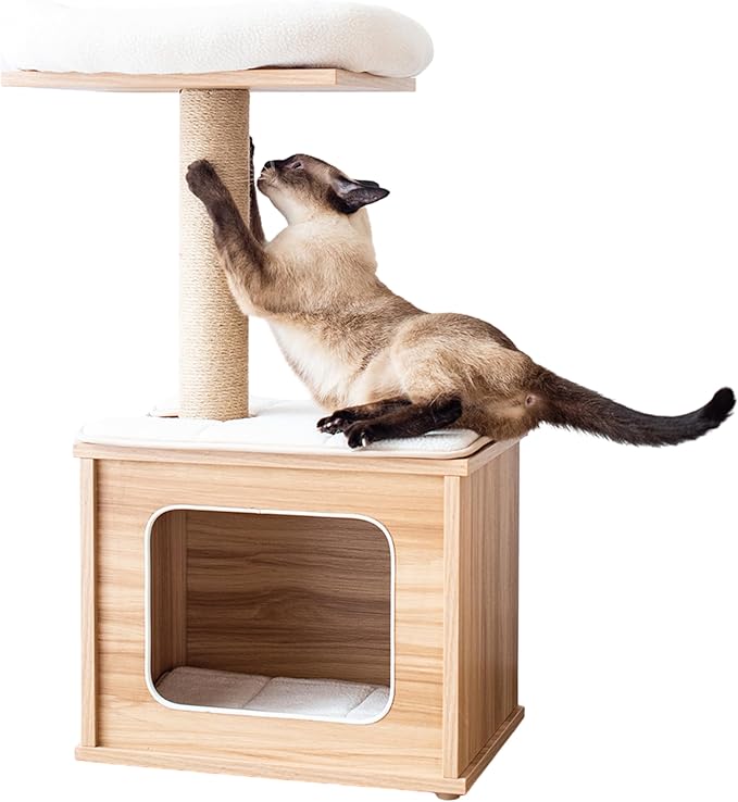 Catry 29.7" Tall 3 Level Laminated Wood Cat Tree with Large Base Condo, 2 Paded Steps, Natural Jute Scratching Post, Sturdy and Easy to Assemble for Small Cat, Brown-Mewly Pet