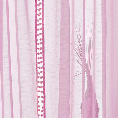 Treatmentex Pom-Pom Sheer Curtains for Bedroom 84 inches Linen Textured Look Pink Sheer Window Draperies for Girl's Room, 52" w x 2 Panels, Red, Rod Pocket