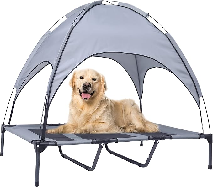 Outdoor XLarge Elevated Dog Bed with Canopy- Durable Oxford Fabric Chew Proof Waterproof Raised Portable Camping Dog Beds Cots with Removable Cover Shade-Mewly Pet