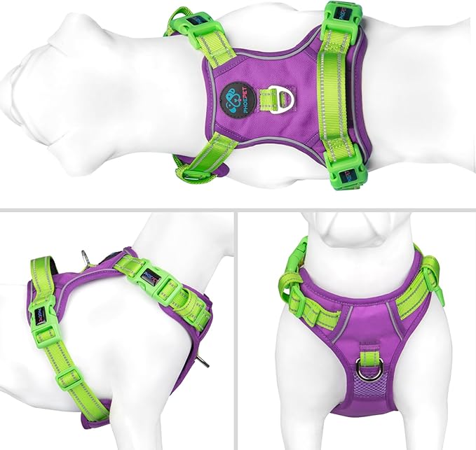 PHOEPET No Pull Dog Harness, Unique Colors Reflective Adjustable Dog Vest, with Soft Training Handle Metal Clips for Small Medium Large Dogs (Purple Base & Green Straps,L)-Mewly Pet