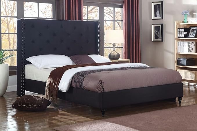 Home Life Premiere Classics Cloth Black Linen 51" Tall Headboard Platform Bed with Slats King - Complete Bed 5 Year Warranty Included 007