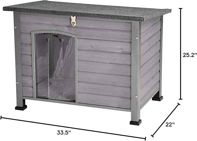 Indoor Outdoor Dog House,Anti-Chewing Iron Frame Dog Kennel,Wood Warm Pets Home,Weatherproof Outside Shelter for Feral Animal 33.5" (L) X 22" (W) X 25.2" (H) Grey-Mewly Pet