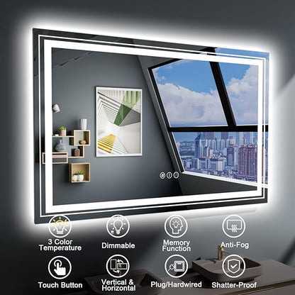 LED Bathroom Mirror, 48"X30" with Front and Backlit, Anti-Fog, Large Bathroom Vanity Mirror for Wall, Memory Function, Stepless Dimmable, Tempered Glass (Horizontal/Vertical)