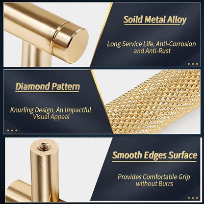 Knurled Cabinet Pulls 12 Pack, 4 Inch Long Cabinet Handles Metal Door Pulls, Kitchen Drawer Pull Knurled Dresser Handles - 3" Hole to Hole, Golden