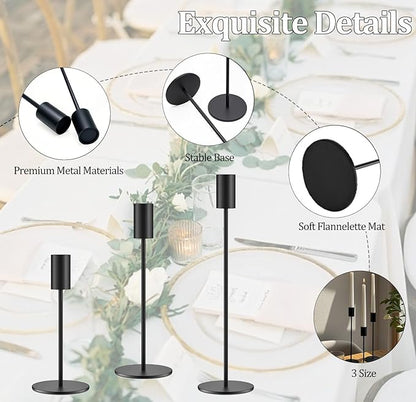 Set of 3 Black Taper Candle Holders, Metal Black Candlestick Holders, Tall Candle Holder, Fits 3/4 inch Thick Candle&Led Candles, for Table Centerpiece, Wedding, Dinning, Party Home Decor