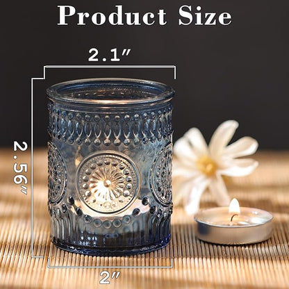 DARJEN Blue Votive Candle Holders Set of 36- Glass Candle Holders Bulk for Tea Light Candle, Embossed Candle Votives for Wedding Centerpiece, Living Room & Home Table Decor