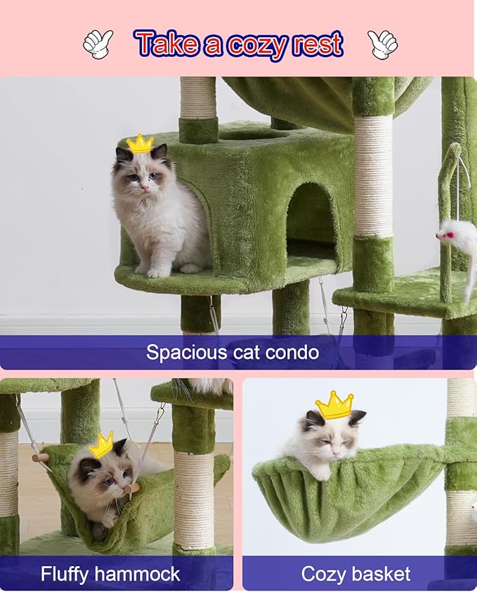 Cat Tree, Cat Tower for Large Cats with 2 Big Platforms, 2 Baskets, condo and Toys, 63" Cat Scratching Posts for Indoor Cats, Green GCT020GR-Mewly Pet
