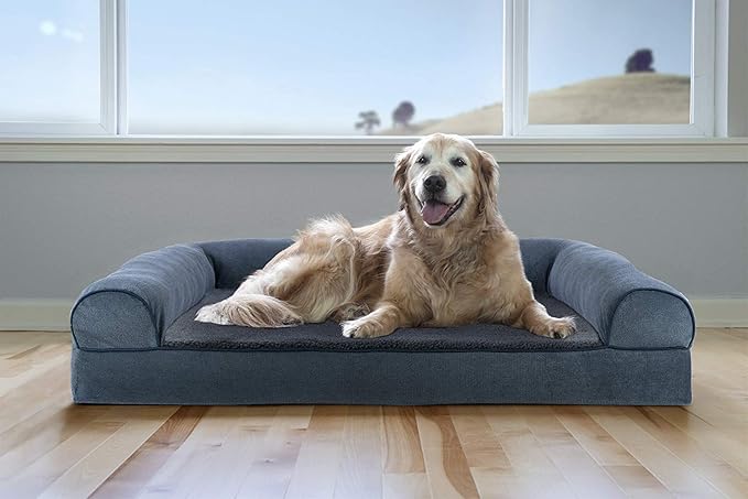 Furhaven Cooling Gel Dog Bed for Large Dogs w/ Removable Bolsters & Washable Cover, For Dogs Up to 95 lbs - Sherpa & Chenille Sofa - Orion Blue, Jumbo/XL-Mewly Pet