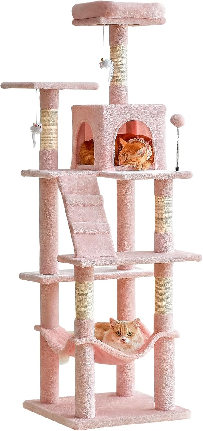 MWPO 63.8-Inch Pink Cat Tree for Indoor Cats, Multi-Level Cat Tower with Sisal-Covered Scratching Posts, Padded Platform, Hammock, Dangling Toys, Stable Cat Condo Pet Play House-Mewly Pet