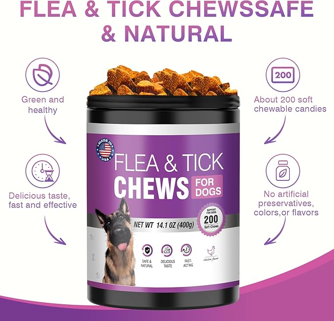 Dog Flea and Tick Treatment Chewable 200 Treatment Chews Natural Soft Chew Fleas Ticks Treatment Dog Oral Chewables Support Supplement Pest Defense Breeds and Ages Dogs Chicken Flavor-Mewly Pet