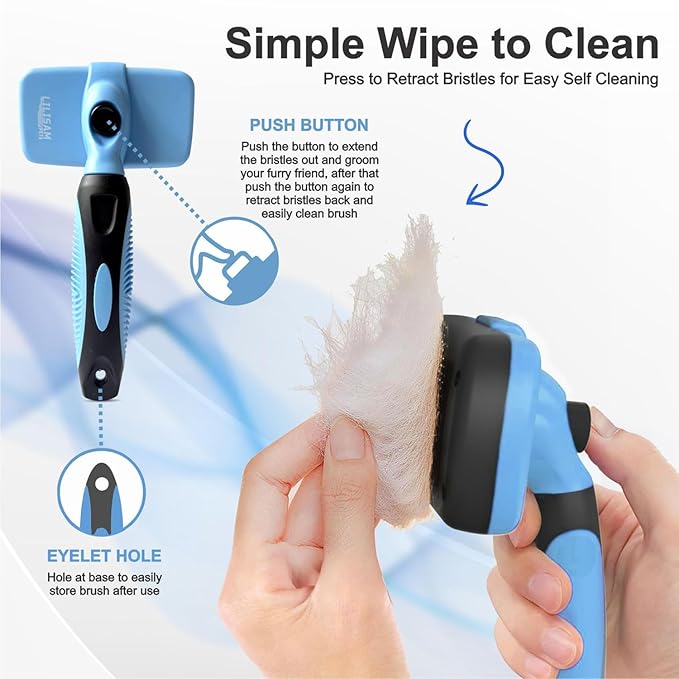 Pet Self Cleaning Slicker Brush and Grooming Comb - Gently Removes Loose Hair, Tangles, and Dirt - Skin Friendly Deshedding Grooming Tool for Hair Dogs & Cats - Pet Supplies Accessories (Blue)-Mewly Pet