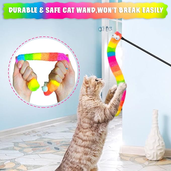 3 Pack Cat Wand Toy, Rainbow Cat Feather Toys with Bells, Teaser Wand with Soft Furry Tail, Interactive Toys for Indoor Cats & Kitten & Kitty-Mewly Pet