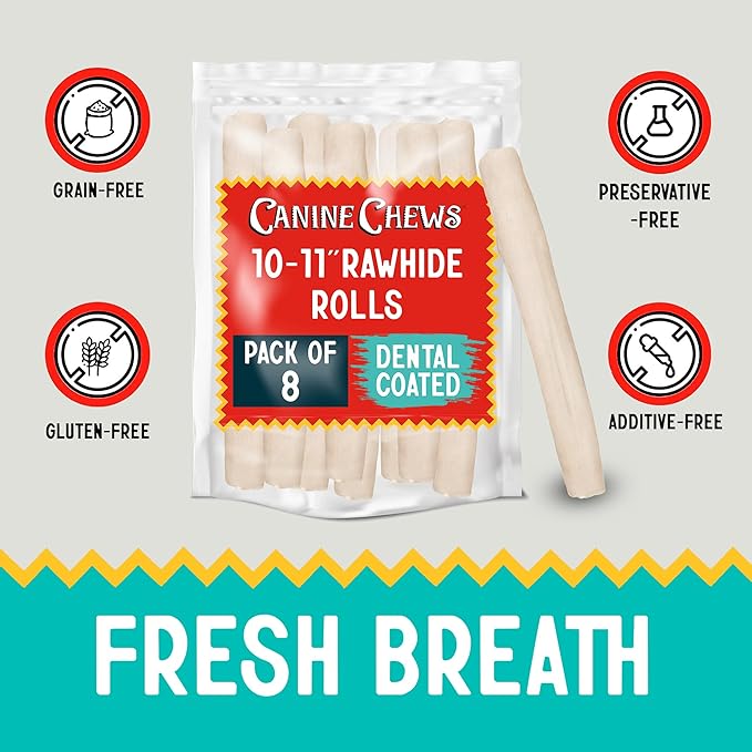 Canine Chews 10-11" Dental Coated Jumbo Rawhide Retriever Rolls (8 Pack) - Breath Freshening & Long Lasting Dental Chews for Dogs Large Size - Teeth Cleaning Dog Treats for Aggressive Chewers-Mewly Pet