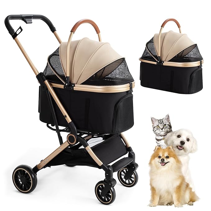 3 in 1 Pet Stroller with 4 Wheels, Foldable Pet Travel Carrier for Small/Medium Dogs Cats up to 50lbs, Detachble Portable Pet Bag, Storage Basket-Mewly Pet