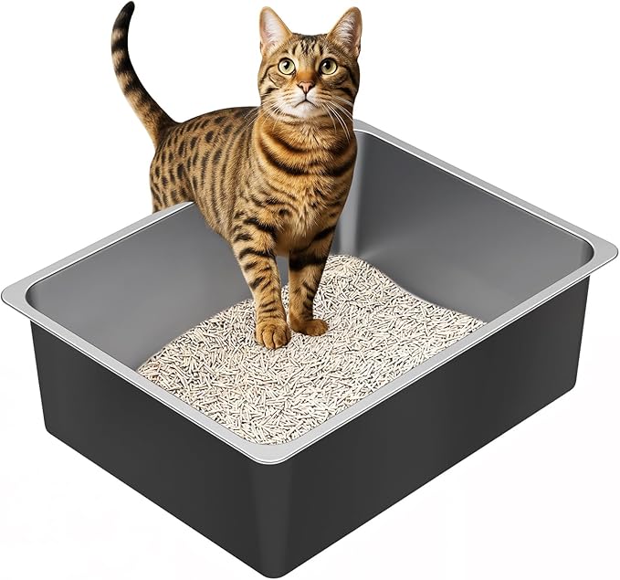 Ohtomber Stainless Steel Litter Box - High Sided Metal Cat Litter Box Pan, Never Absorbs Smell, Easy to Clean Non Stick Cat Litterbox Tray Toilet Pet Supplies for Indoor Kitty, Kitten, Rabbit, Puppy-Mewly Pet