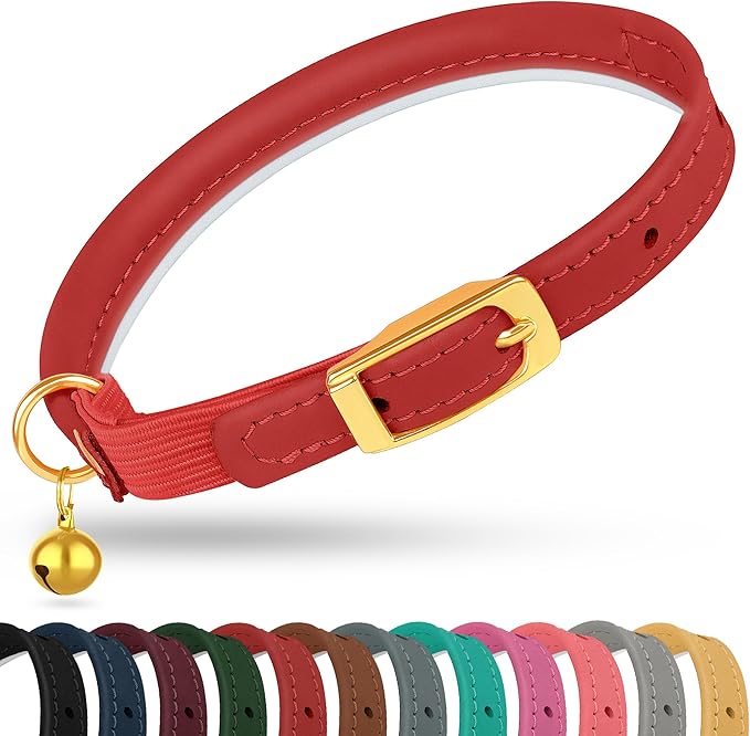 OOPSDOGGY Rolled Leather Cat Collar with Bell - Reflective Kitten Collar with Safety Elastic Strap - Adjustable Small Pet Collars for Boy Girl Cats (Red)-Mewly Pet