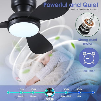 36 Inch Modern Ceiling Fans with Lights, Small Flush Mount Ceiling Fan with Light and Remote/APP Control, 3 Reversible 6 Speeds Curved Blades, 3 CCT Dimmable Lights for Bedroom, Black