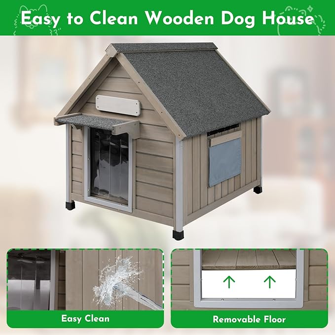 Outdoor Dog House Weatherproof Large Wooden Dog Kennel Indoor for Small Dogs with Chew-Proof Frame, Oxford Fabric Window, Removable Floor Pet Shelter (Grey, 26" D x 31.9" W x 32" H)-Mewly Pet