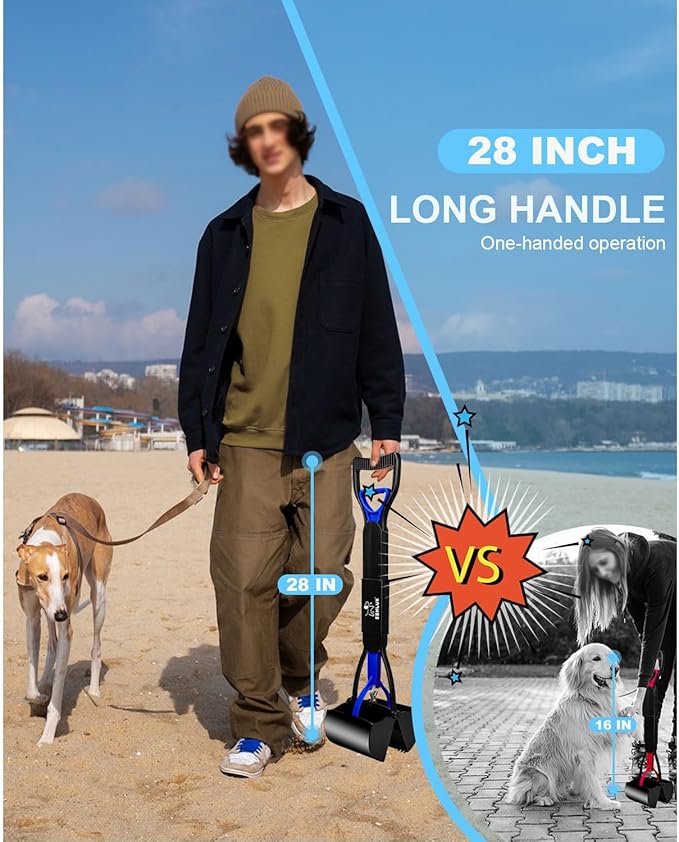 SZHLUX 28" Pooper Scooper, Foldable Dog Pooper Scooper with Unbreakable Material and Durable Spring for Grass and Gravel, Blue-Mewly Pet