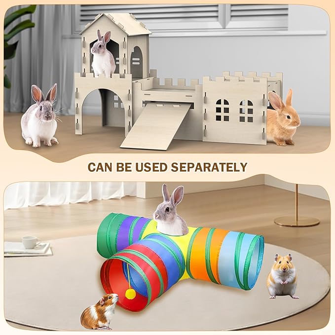 Large Bunny House and Hideouts, Wooden Dual-Layer Rabbit Castle with Stair, Rubber Band-Free Setup - Chew-Proof, Sturdy Habitat for Guinea Pig Chinchilla Ferret (Rabbit House with Tunnels & Tubes)-Mewly Pet