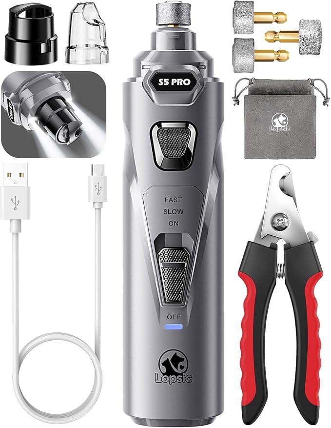 Dog Nail Grinder with 2 LED Lights Powerful 2 Speeds Super Quiet Dog Nail Trimmers with 3 Grinding Wheels Rechargeable Pet Dog Nail Clippers for Large Medium Puppy Dogs Dog Nail File Cat Nail Clipper-Mewly Pet