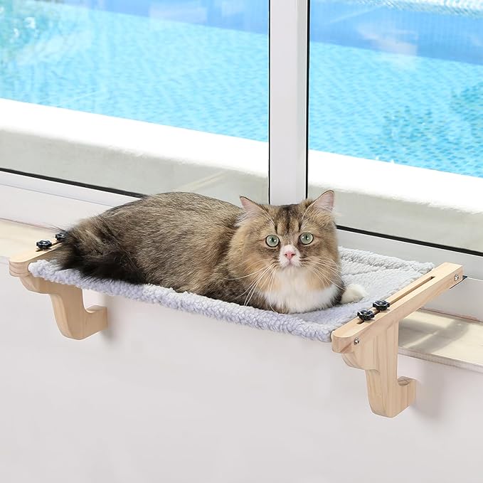 Easy Seat Cat Perch for Window Sill - Hammock Design w/Pine Wood & Robust Metal Frame - Cat Window Seat for Large Cats and Kittens (Natural Color Wood w/Gray Bed, Medium (23''W x 14''D))-Mewly Pet