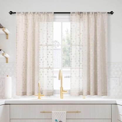 MYSKY HOME Beige Sheer Short Curtains with Pom Pom for Small Windows Bedroom Nursery Kids Girls Room Curtains Cafe Kitchen Light Filtering Boho Drapes, Rod Pocket,38 x 54 Inches, 2 Panels