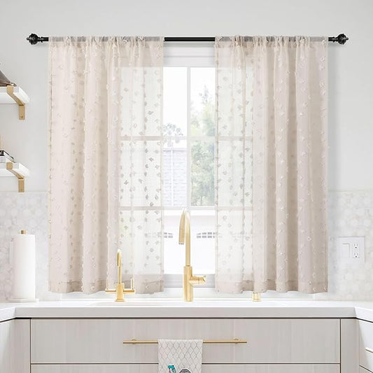 MYSKY HOME Beige Sheer Short Curtains with Pom Pom for Small Windows Bedroom Nursery Kids Girls Room Curtains Cafe Kitchen Light Filtering Boho Drapes, Rod Pocket,38 x 54 Inches, 2 Panels