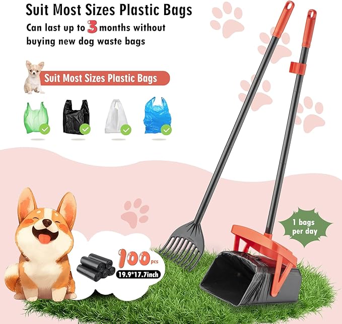TIMINGILA 36" Pooper Scooper Swivel Bin & Rake with 100 Dog Poop Bags,Adjustable Long Handle for No-Bend Cleanup,Portable Non-Breakable Dog Poop Scooper for Large Medium Small Dogs-Mewly Pet