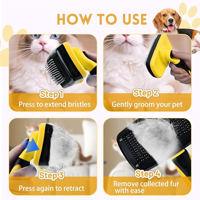 Large Self Cleaning Deshedding Brush for Dogs & Cats - One Button Hair Release Grooming Tool, Gentle Massage Brush for Long and Short Hair (Yellow)-Mewly Pet