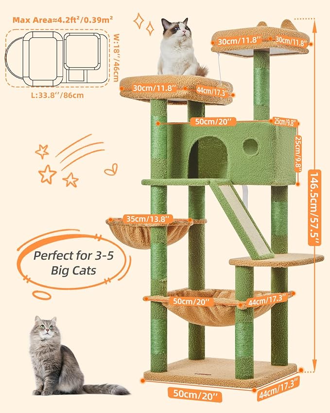 Taoqimiao Cactus Cat Tree, 57.5-Inch Cat Tower for Indoor Cats Large Adult, Extra Large Cat Condo, 8 Sisal Scratching Posts, Metal Frame Cozy Hammock, Durable Scratch Board, 2 Top Perches, MSC026-Mewly Pet