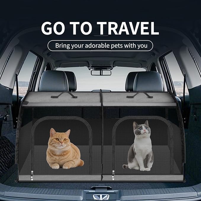 Double Cat Car Travel Carrier, Twin Compartment Show House Cat Cage/Condo，Portable Pet Crate for 2 Cats Travel Double Dog Crate Set for Long Distance Travel-Mewly Pet