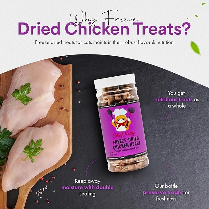 Freeze-Dried Chicken Heart Treats for Cats & Dogs – 100% Human Grade, Single Ingredient, High-Protein, Healthy Snack – No Additives or Preservatives – 1.4oz - Inspected & Tested in USA-Mewly Pet