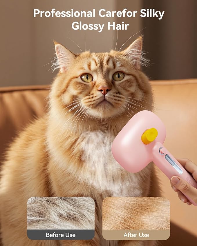 ROJECO 3-in-1 Pet Steam Brush for Cats&Dogs - Detangling Comb with Adjustable Mist, Handheld Deshedding Grooming Tool for Long/Short Hair, Massage Brush & Shedding Control Gift,Cordless,Pink-Mewly Pet