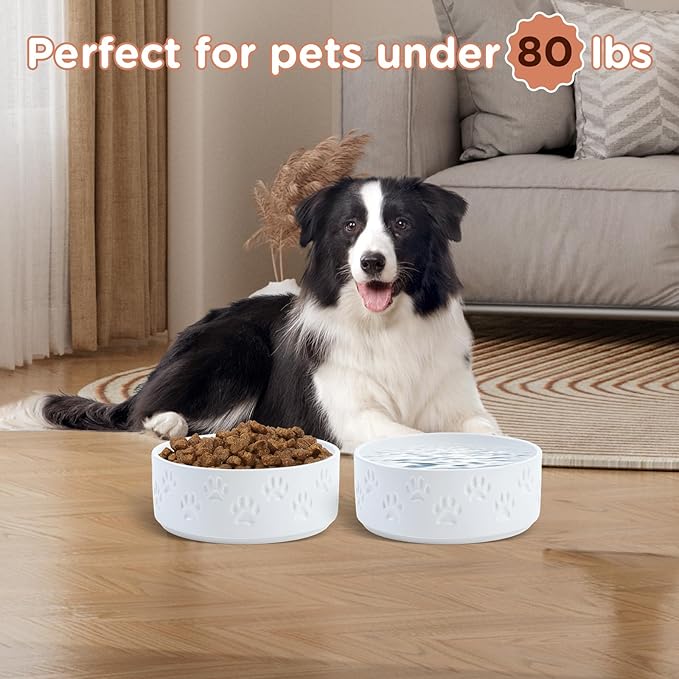SPUNKYJUNKY Ceramic Dog Bowls 2 Pack, 7.3'' Dog Food Water Double Feeding Bowls Non-Slip for Medium to Large Sized Breed Microwave Dishwasher Safe - 42 OZ, 2pcs, Paw White-Mewly Pet
