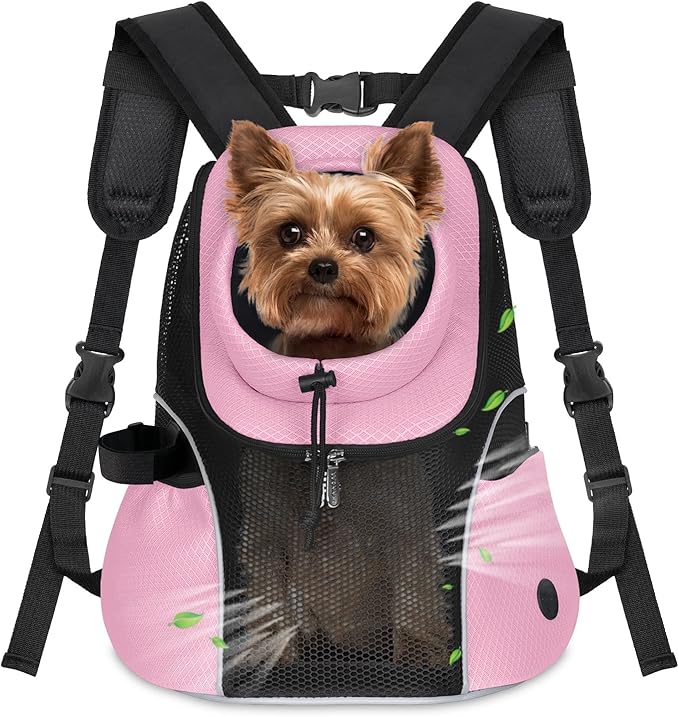 WOYYHO Pet Dog Carrier Backpack Small Dog Front Backpack Ventilated Mesh Dog Travel Back Pack with Safety Belt for Travel Hiking Cycling Outdoor Adventures (Size M: 5-9 lbs, Pink)-Mewly Pet