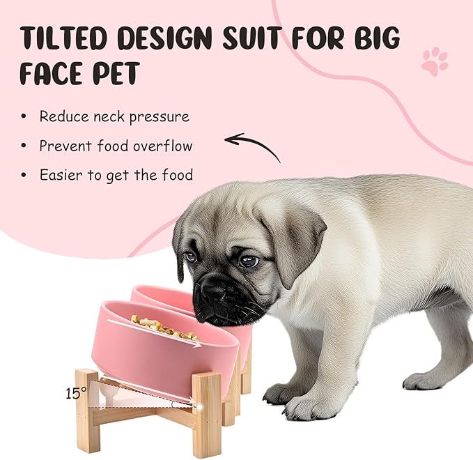 SPUNKYJUNKY 15° Slanted Ceramic Dog and Cat Bowl with Wooden Stand, Tilted Bulldog Food and Water Bowl No Slip Non-Spill for Cats Medium Dogs Big Face Pets 13.5 OZ (1.7 Cups, Pink × 2)-Mewly Pet