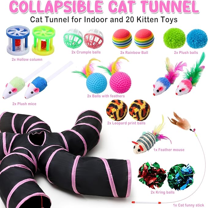 Poen 21 Pcs Cat Tunnel for Indoor Set Collapsible 5 Way Tubes with 20 Pcs Cat Kitten Toys Interactive Feather Toy Mouse Crinkle Balls Tube for Puppy Kitten Rabbit(Pink Black)-Mewly Pet
