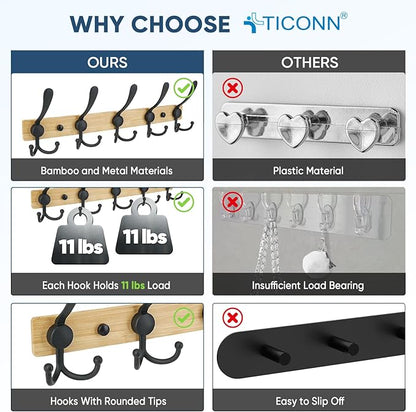 TICONN Wall Mounted Coat Rack, Five Heavy Duty Tri Hooks All Metal Construction for Jacket Coat Hat in Mudroom Entryway (Wood Black, 2-Pack)